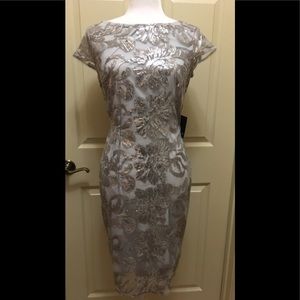 Marina Petite Embroidered Lace Dress Silver 6P